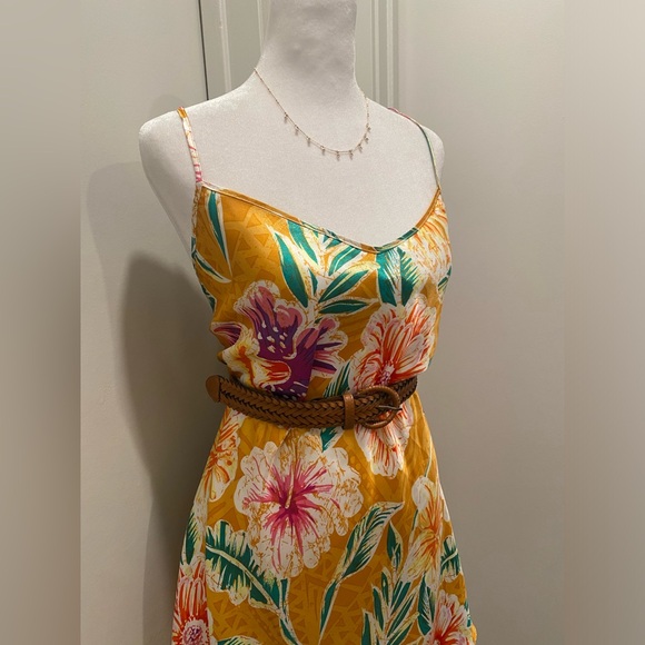 VTG Romantic Moods 90s Y2K Yellow Tropical Floral Cami Slip Mini Dress - L - Picture 5 of 15